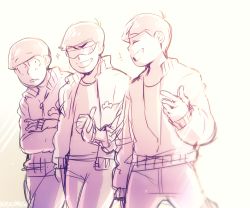 Rule 34 | 10s, 3boys, artist name, brothers, closed eyes, jacket, looking at another, male focus, matsuno choromatsu, matsuno karamatsu, matsuno osomatsu, monochrome, multiple boys, nyaph, open clothes, open jacket, osomatsu-kun, osomatsu-san, siblings, sunglasses, track suit, white background