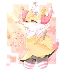 Rule 34 | 1girl, animal ear fluff, animal ears, animal hands, animal nose, armpits, arms up, artist name, black fur, blush, body fur, border, braixen, breasts, clothed pokemon, cowboy shot, creatures (company), cropped legs, english text, fang, female focus, fox ears, fox girl, fox tail, furry, furry female, game freak, gen 6 pokemon, half-closed eye, highres, light blush, navel, nintendo, one eye closed, open mouth, outside border, outstretched arm, pawpads, pink thighhighs, pokemon, pokemon (creature), red eyes, sleepy, small breasts, smoothpen, snout, solo, standing, stick, stomach, stretching, striped clothes, striped thighhighs, tail, thighhighs, watermark, white border, white fur, yawning, yellow fur