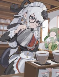 Rule 34 | alternate costume, apron, bare shoulders, black dress, blush, coffee, collar, commentary request, dress, drinking, elbow gloves, enmaided, closed eyes, frilled apron, frilled collar, frilled cuffs, frills, genbu (kemono friends), glasses, gloves, green gloves, green hair, hair ornament, high ponytail, highres, kemono friends, kemono friends 3, kunikuni (kunihiro2005), lizard tail, long sleeves, maid, maid apron, multicolored hair, necktie, ponytail, red-eared slider (kemono friends), red hair, red neckwear, reptile girl, short hair, sleeve cuffs, sleeveless, snake hair ornament, tail, turtle shell, two-tone hair, vest, white apron, white hair, yellow vest