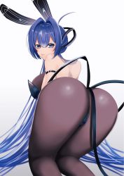 Rule 34 | animal ears, ass, azur lane, blue eyes, blue hair, fake animal ears, highres, leotard, new jersey (azur lane), new jersey (exhilarating steps!) (azur lane), official alternate costume, pantyhose, playboy bunny, rabbit ears, solo, tongue, tongue out, yappi~shagan