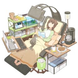 Rule 34 | 1girl, aquarium, barefoot, blanket, book, bookshelf, brown eyes, brown hair, cat, cellphone, chair, coffee maker, coffee mug, computer, controller, cookie, cup, danboo, drawing tablet, food, isometric, itou (mogura), lamp, laptop, looking up, mug, open book, original, phone, piggy bank, pillow, raglan sleeves, reclining, remote control, simple background, tablet pc, tissue box, trash can, watching television, white background