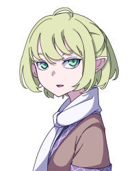 Rule 34 | 1girl, absurdres, blonde hair, brown jacket, commentary, eyebrows hidden by hair, from side, green eyes, highres, jacket, kame (kamepan44231), looking at viewer, mizuhashi parsee, one-hour drawing challenge, open mouth, pointy ears, scarf, short hair, short sleeves, simple background, solo, touhou, upper body, white background, white scarf