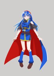 1girl absurdres blue_cape blue_eyes blue_hair cape closed_mouth cosplay fire_emblem fire_emblem:_the_binding_blade full_body grey_background hairband heppokop_61 highres lilina_(fire_emblem) long_hair looking_at_viewer nintendo outline red_cape red_hairband roy_(fire_emblem) roy_(fire_emblem)_(cosplay) sidelocks smile solo two-tone_cape white_outline