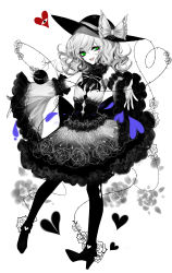 Rule 34 | 1girl, :d, absurdres, alternate costume, bad id, bad pixiv id, bare shoulders, black footwear, black pantyhose, boots, bow, bowtie, detached sleeves, floral print, frilled sleeves, frills, full body, green eyes, hat, hat bow, heart, high heel boots, high heels, highres, komeiji koishi, limited palette, long sleeves, looking at viewer, open mouth, outstretched arms, pantyhose, sheya, short hair, simple background, smile, solo, spot color, standing, third eye, touhou, wavy hair, white background, wide sleeves