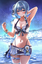 Rule 34 | 1girl, absurdres, arm up, bikini, bikini under clothes, bikini under shorts, blue bikini, blue eyes, blue hair, blue shorts, breasts, grin, highres, hololive, hololive summer 2023 swimsuit, hoshimachi suisei, looking at viewer, navel, ocean, pepushi drow, shorts, sky, small breasts, smile, solo, star (sky), starry sky, stomach, swimsuit, thigh strap, virtual youtuber, wading, water, wet