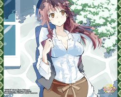 Rule 34 | 1girl, aki masanari, breasts, brown eyes, cleavage, dress shirt, isuzu sayoko, long hair, open clothes, parted lips, red hair, shirt, solo, sucre, unbuttoned, vest, wallpaper