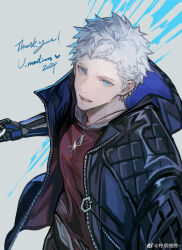 Rule 34 | 1boy, blue eyes, devil may cry (series), devil may cry 5, highres, holding, hood, jacket, lolvivianli, looking at viewer, male focus, nero (devil may cry), open mouth, pale skin, shirt, short hair, smile, solo, white hair