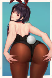 Rule 34 | 1girl, animal ears, artistic error, ass, ass grab, back, backless outfit, bare shoulders, black hair, black pantyhose, blue background, cameltoe, cowboy shot, deep skin, fake animal ears, from behind, highres, huge ass, leaning, leaning forward, leotard, long hair, looking at viewer, looking back, original, outside border, pantyhose, playboy bunny, rabbit ears, rabbit tail, red eyes, small-9, smile, solo, standing, tail, thighs