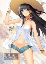 Rule 34 | 1girl, bare shoulders, black hair, bow, bowtie, bracelet, braid, breasts, collarbone, commentary request, earrings, hat, jewelry, long hair, looking at viewer, medium breasts, midriff, navel, no bra, original, panties, short shorts, shorts, signature, simple background, sleeveless, smile, solo, standing, stomach, straw hat, tony taka, underwear