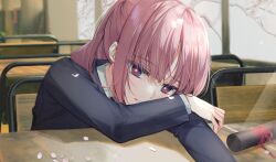 Rule 34 | 1girl, cherry blossoms, classroom, close-up, desk, highres, jacket, kaf (kamitsubaki studio), kamitsubaki studio, light smile, long hair, looking at viewer, moro (from m0r0), multicolored eyes, parted lips, petals, pink hair, ponytail, school desk, school uniform, sitting, solo, sunlight, virtual youtuber, yellow pupils
