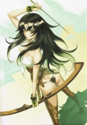Rule 34 | 1girl, absurdres, arrow (projectile), ass, back, bare shoulders, black hair, boots, bow (weapon), breasts, butt crack, collarbone, dutch angle, eiwa, gloves, green eyes, high heels, highres, legs, long hair, looking back, panties, shoes, solo, thigh boots, thighhighs, thighs, underwear, weapon