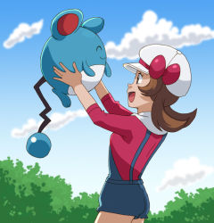 Rule 34 | 1girl, :d, blue overalls, bow, brown eyes, brown hair, cabbie hat, cloud, commentary, creatures (company), day, eyelashes, from side, game freak, gen 2 pokemon, happy, hat, hat bow, holding, holding pokemon, long hair, lyra (pokemon), marill, miasotherfanart, nintendo, open mouth, outdoors, overall shorts, overalls, pokemon, pokemon (creature), pokemon hgss, red bow, shirt, sky, sleeves past elbows, smile, tongue, twintails, white headwear