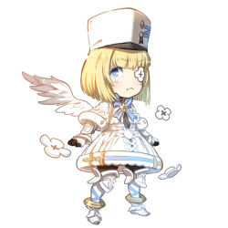 Rule 34 | 1girl, :t, angel wings, armor, armored boots, azur lane, black gloves, blonde hair, blue bow, blue bowtie, blunt bangs, blush, bob cut, boots, bow, bowtie, capelet, chibi, closed mouth, commentary request, dress, eyepatch, feathered wings, flower, flower eyepatch, frown, full body, gauntlets, gloves, greaves, hat, highres, kepi, le terrible (azur lane), long sleeves, looking at viewer, medium hair, military hat, nekomanma-sensei, one eye covered, pantyhose, pout, purple eyes, simple background, solo, standing, straight hair, thigh boots, v-shaped eyebrows, vambraces, white background, white dress, white footwear, white hat, white wings, wings