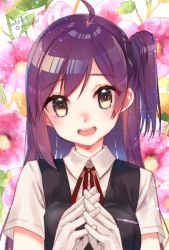 Rule 34 | 1girl, ahoge, asymmetrical hair, black vest, blush, breasts, dated, floral background, flower, gloves, hagikaze (kancolle), interlocked fingers, kantai collection, koruri, long hair, looking at viewer, neck ribbon, one side up, open mouth, own hands together, pink flower, purple hair, red ribbon, ribbon, shirt, short hair, solo, twitter username, upper body, vest, white gloves, white shirt, yellow eyes