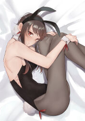 Rule 34 | 1girl, 3:, absurdres, animal ears, bare shoulders, bed sheet, black hair, black leotard, blush, breasts, closed mouth, detached collar, earrings, embarrassed, fake animal ears, fake tail, feet out of frame, highleg, highleg leotard, highres, hugging own legs, jewelry, kaya (yyao mie), large breasts, legs, leotard, long hair, long legs, looking at viewer, lying, on side, pantyhose, playboy bunny, rabbit ears, rabbit tail, red eyes, sidelocks, solo, spy x family, sweatdrop, tail, white wrist cuffs, wrist cuffs, yor briar