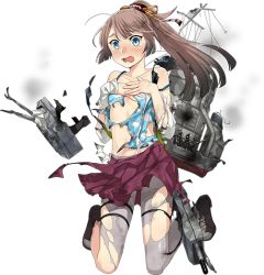 Rule 34 | 1girl, animal print, blue camisole, blue eyes, blush, boots, bow, broken, broken weapon, brown hair, burnt clothes, camisole, covering privates, covering chest, cross-laced footwear, damaged, fish print, fujikawa, full body, grey pantyhose, hair ribbon, hands on own chest, kantai collection, kazagumo (kancolle), kneeling, lace-up boots, long hair, looking ahead, official art, open mouth, panicking, pantyhose, ponytail, ribbon, rigging, shirt, smoke, solo, tearing up, torn camisole, torn clothes, torn pantyhose, torpedo launcher, transparent background, turret, wavy mouth, weapon, white shirt, yellow bow