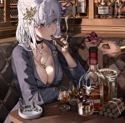 Rule 34 | 1girl, absurdres, alcohol, ashtray, blush, bottle, breasts, cherry, choker, cigar, cleavage, cup, drinking glass, earrings, food, fruit, hair ornament, hani haya, highres, jewelry, large breasts, necklace, original, purple eyes, smoke, smoking, solo, whiskey, white hair
