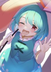 Rule 34 | 1girl, ;d, blue hair, blue skirt, blue vest, cross-laced clothes, holding, holding umbrella, looking at viewer, one eye closed, open mouth, piyodesu, purple umbrella, red eyes, shirt, short sleeves, skirt, smile, solo, tatara kogasa, tongue, tongue out, touhou, umbrella, vest, white shirt