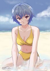Rule 34 | 1girl, 2023, absurdres, ayanami rei, bare arms, bare legs, barefoot, beach, bikini, blue hair, bob cut, breasts, cleavage, collarbone, day, hair between eyes, highres, looking at viewer, medium breasts, navel, neon genesis evangelion, open mouth, outdoors, red eyes, short hair, sitting, solo, straight hair, swimsuit, tsunemoku, wariza, yellow bikini