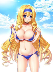 Rule 34 | 10s, 1girl, bikini, bikini pull, bikini top only, blonde hair, blue bikini, blue eyes, blush, breasts, cameltoe, cecilia alcott, cleavage, clothes pull, collarbone, day, drill hair, groin, headband, highres, holding, holding clothes, holding swimsuit, huge breasts, infinite stratos, kawase seiki, large breasts, long hair, looking at viewer, navel, open mouth, outdoors, shiny skin, side-tie bikini bottom, smile, solo, swimsuit, teasing, undressing, untied, very long hair
