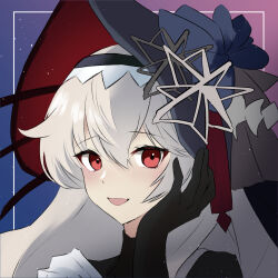 Rule 34 | 1girl, :d, arknights, black gloves, black hat, dr.lamina, gloves, grey hair, hair between eyes, hand on own face, hand up, hat, highres, long hair, looking at viewer, open mouth, portrait, red eyes, smile, solo, specter (arknights), specter the unchained (arknights), specter the unchained (born as one) (arknights)