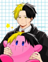 Rule 34 | 1boy, artist name, black hair, black robe, blonde hair, closed mouth, collared shirt, dated, earrings, expressionless, facial mark, genjitsu o miro, highres, holding, jewelry, kirby, kirby (series), male focus, mashle, multicolored hair, necktie, nintendo, rayne ames, red necktie, robe, shirt, short hair, split-color hair, star (symbol), two-tone hair, white shirt