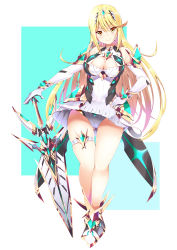 Rule 34 | 1girl, absurdres, blonde hair, breasts, chest jewel, cleavage cutout, clothing cutout, daive, elbow gloves, gloves, highres, large breasts, long hair, mythra (xenoblade), nintendo, panties, pantyshot, skindentation, swept bangs, sword, thigh strap, thighhighs, underwear, very long hair, weapon, xenoblade chronicles (series), xenoblade chronicles 2, yellow eyes