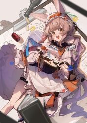 Rule 34 | 1girl, :d, absurdres, animal ears, arknights, arm strap, book, bottle, can, carrot, chino (user zdyd2447), commentary request, dress, foot out of frame, frilled hairband, frills, grey hair, hairband, highres, holding cooking pot, infection monitor (arknights), light bulb, long sleeves, looking at viewer, notepad, open mouth, orange eyes, pen, rabbit, rabbit ears, rabbit girl, salt shaker, short hair, smile, solo, thigh strap, warmy (arknights), white dress, white hairband