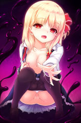 Rule 34 | 1girl, blonde hair, breasts, censored, clothes pull, darkness, hair ribbon, highres, nipples, open clothes, open shirt, panties, panties under pantyhose, panty pull, pantyhose, pantyhose pull, pussy, pussy juice, reaching, reaching towards viewer, red eyes, ribbon, rumia, shirt, short hair, small breasts, solo, squatting, touhou, underwear, uro (uroboros)