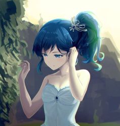 Rule 34 | 1girl, aikatsu!, aikatsu! (series), arm up, bad id, bad pixiv id, bare arms, bare shoulders, blue eyes, blue hair, breasts, closed mouth, collarbone, commentary request, day, dress, hair behind ear, tucking hair, hand up, high ponytail, highres, kiriya aoi, mitamura, outdoors, side ponytail, sidelocks, small breasts, solo, strapless, strapless dress, upper body, v-shaped eyebrows, white dress