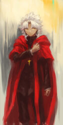 Rule 34 | 1boy, amakusa shirou (fate), black coat, black pants, cape, closed mouth, coat, commentary request, cross, cross necklace, expressionless, fate (series), feet out of frame, jewelry, long sleeves, looking to the side, male focus, mogukk, necklace, pants, parted bangs, red cape, shirt, short hair, solo, spiked hair, stole, white hair, white shirt, yellow eyes