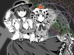 Rule 34 | 2girls, bad id, bad pixiv id, belt, blue eyes, book, bow, buttons, curly hair, dew-spiegel, dress, female focus, frilled dress, frilled shirt collar, frilled skirt, frills, ghostly field club, hand on headwear, hat, hat bow, long sleeves, magic circle, maribel hearn, mob cap, monochrome, multiple girls, neck ribbon, necktie, object on head, puffy long sleeves, puffy sleeves, ribbon, sash, short hair, skirt, spot color, teapot, tie clip, touhou, usami renko, yellow eyes