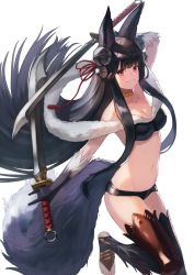 Rule 34 | 1girl, animal ears, bell, black hair, blunt bangs, blush, breasts, cleavage, commentary request, dual wielding, granblue fantasy, grin, hair bell, hair ornament, hair ribbon, holding, holding sword, holding weapon, long hair, looking at viewer, medium breasts, navel, o-ring, panties, red eyes, red ribbon, reverse grip, ribbon, simple background, smile, solo, stirrup legwear, sword, tail, thighhighs, toeless legwear, underwear, very long hair, wasabi60, weapon, white background, wolf ears, wolf tail, yuel (granblue fantasy)
