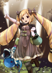 Rule 34 | 1girl, absurdres, arm up, bag, blonde hair, blush, boots, bow, breasts, brown footwear, capelet, dress, elise (fire emblem), female focus, fire emblem, fire emblem fates, gloves, green bow, grey thighhighs, hair bow, hair ornament, hand up, handbag, highres, leg up, long hair, looking at viewer, multicolored hair, navel, nintendo, open mouth, outdoors, outstretched arm, panties, pointing, purple dress, red eyes, see-through, sharp teeth, small breasts, smile, solo focus, standing, standing on one leg, tail, teeth, tenteco (covamin), thighhighs, twintails, underwear, walking, white gloves, white panties, yellow eyes