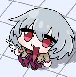 Rule 34 | 1girl, brown jacket, chibi, commentary, dress, english commentary, full body, grey hair, hair between eyes, highres, jacket, kishin sagume, looking at viewer, medium bangs, open clothes, open jacket, open mouth, purple dress, red eyes, shinakuma, short hair, single wing, solo, tile floor, tiles, touhou, white wings, wings