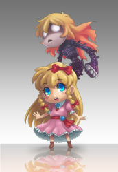 Rule 34 | 2girls, aged down, bad id, bad pixiv id, blonde hair, blue eyes, blush stickers, boots, bow, braid, castlevania (series), castlevania: rondo of blood, character request, chibi, dress, eyelashes, hair bow, long hair, looking at viewer, maria renard, multiple girls, multiple hair bows, open mouth, reflection, smile, spiked knuckles, standing, stupa13a, triangle mouth, twin braids