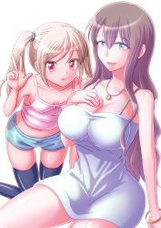 Rule 34 | 2girls, age difference, bare shoulders, black legwear, blue eyes, blush, breasts, brown hair, child, cleavage, collarbone, dress, long twintails, midriff, multiple girls, navel, open mouth, original, shiny skin, shorts, siblings, simple background, sisters, sitting, sleeveless, small breasts, strap, thighhighs, tongue, tongue out, twintails, v, white background, white dress, yomi yo