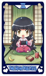 Rule 34 | 1girl, bamboo, bamboo forest, black hair, blunt bangs, bow, brown eyes, can, colonel aki, drink can, forest, heart, houraisan kaguya, indian style, long hair, long sleeves, nature, nintendo switch, pink shirt, red skirt, shirt, sitting, sitting on pillow, skirt, soda can, solo, tarot, tarot (medium), the high priestess (tarot), touhou, very long hair, wide sleeves
