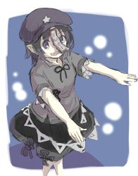 Rule 34 | 1girl, hat, limited palette, looking at viewer, makuwauri, miyako yoshika, ofuda, outstretched arms, pointy ears, purple hair, smile, solo, star (symbol), tongue, tongue out, touhou, zombie pose