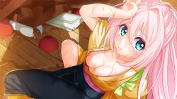 Rule 34 | 1girl, areola slip, blue eyes, blush, breasts, female focus, game cg, japanese clothes, large breasts, legs, long hair, looking at viewer, nipple slip, nipples, no bra, pink hair, sad, sengoku hime, sengoku hime 6, shadow, sitting, solo, tears, thighs, wet, wet clothes