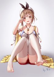 Rule 34 | 1girl, absurdres, artist name, atelier (series), atelier ryza, atelier ryza 1, barefoot, blush, breasts, cleavage, eyebrows, gradient background, hair ornament, hairclip, hat, highres, jacket, jewelry, large breasts, legs, looking at viewer, necklace, red shorts, reisalin stout, shadow, short hair, short shorts, shorts, simple background, skindentation, sleeveless, sleeveless jacket, soles, solo, star (symbol), star necklace, thick thighs, thighhighs, thighs, toes, user rymn2453, white hat, yellow eyes, yellow jacket