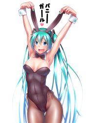 Rule 34 | 1girl, animal ears, aqua eyes, aqua hair, arms up, black bow, black bowtie, black leotard, bow, bowtie, breasts, brown pantyhose, cameltoe, cowboy shot, detached collar, fake animal ears, fingernails, gluteal fold, hatsune miku, highres, holding ears, leotard, long hair, medium breasts, nail polish, open mouth, pantyhose, playboy bunny, rabbit ears, simple background, smile, solo, standing, strapless, strapless leotard, thigh gap, twintails, very long hair, vocaloid, white background, wokada, wrist cuffs