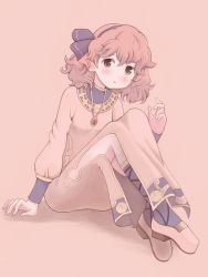 Rule 34 | 1girl, blush, curly hair, dress, fire emblem, fire emblem echoes: shadows of valentia, fire emblem heroes, genny (fire emblem), hairband, highres, jewelry, mikoko1, necklace, nintendo, open mouth, orange eyes, pink background, pink hair, simple background, sitting, solo