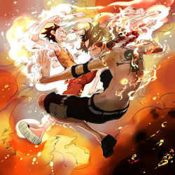 Rule 34 | 2boys, black footwear, black hair, black shorts, brother, brothers, clenched hand, fighting, fighting stance, fire, freckles, jewelry, jolly roger, looking at viewer, male focus, marineford, monkey d. luffy, multiple boys, necklace, one piece, over shoulder, pirate, portgas d. ace, red shorts, rubber, sandals, topless male, shoes, shorts, siblings, smoke, tattoo, vest, yellow vest