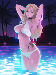 Rule 34 | 1girl, armpits, arms behind head, ass, bikini, black choker, blonde hair, blue eyes, breasts, choker, closed mouth, commentary, cowboy shot, english commentary, groin, highres, hornet (kancolle), kantai collection, large breasts, long hair, navel, night, odachu, outdoors, palm tree, pool, sling bikini top, smile, solo, swimsuit, tree, water, white bikini