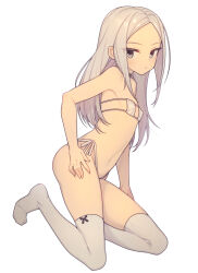 Rule 34 | 1girl, bikini, black choker, blush, choker, commentary request, covered erect nipples, everyntrge, expressionless, eyepatch bikini, flat chest, full body, grey eyes, grey hair, grey thighhighs, long hair, looking at viewer, navel, original, parted bangs, side-tie bikini bottom, simple background, solo, swimsuit, thighhighs, white background, white bikini