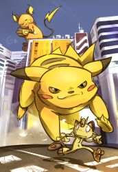 Rule 34 | animal ears, animal hands, barefoot, city, creatures (company), edtropolis, feet, game freak, gen 1 pokemon, giant, meowth, nintendo, outdoors, pawpads, pikachu, pokemon, pokemon (creature), raichu, soles, spread toes, tail, toes