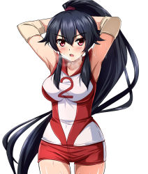 Rule 34 | 10s, 1girl, :o, alternate costume, armpits, arms behind head, arms up, black hair, blush, breasts, breath, collarbone, cosplay request, covered navel, cowboy shot, elbow pads, girls und panzer, hair between eyes, high ponytail, kantai collection, large breasts, long hair, looking at viewer, open mouth, pink eyes, red shorts, shirt, shorts, sidelocks, simple background, sleeveless, sleeveless shirt, solo, sportswear, standing, sweat, v-shaped eyebrows, very long hair, volleyball uniform, wet, white background, yahagi (kancolle), zanntetu