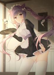 Rule 34 | 1girl, absurdres, alternate costume, apron, ass, black dress, blurry, blurry background, blush, bow, breasts, center frills, closed mouth, cone hair bun, cowboy shot, cup, depth of field, dress, enmaided, frills, frown, furrowed brow, genshin impact, hair bow, hair bun, highres, holding, holding tray, juliet sleeves, keqing (genshin impact), large breasts, long hair, long sleeves, looking at viewer, looking back, maid, maid apron, maid headdress, nannung, parfait, pointy hair, puffy sleeves, purple eyes, purple hair, purple sash, sash, solo, spoon, standing, thighhighs, tray, twintails, twisted torso, very long hair, white bow, white headwear, white thighhighs