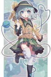 Rule 34 | 1girl, 2024, :o, adapted costume, arm at side, baka kichi, black footwear, black hat, boots, border, bow, buttons, center frills, clenched hand, commentary, dated, diamond button, floral print, foot out of frame, frilled shirt, frilled shirt collar, frilled skirt, frilled sleeves, frills, green background, green eyes, green hair, green skirt, hand up, hat, hat bow, hat ribbon, heart, heart of string, highres, koishi day, komeiji koishi, long sleeves, looking at viewer, medium hair, miniskirt, open mouth, outstretched hand, ribbon, rose print, shirt, simple background, skirt, sleeve bow, solo, sparkle, standing, standing on one leg, thighhighs, third eye, touhou, twitter username, wavy hair, white border, white thighhighs, wide sleeves, yellow bow, yellow ribbon, yellow shirt, zettai ryouiki